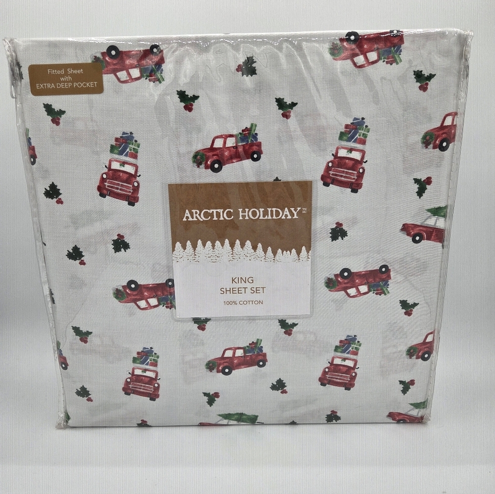 Arctic Holiday King Sheet Set Christmas Holiday Red Truck Christmas Tree